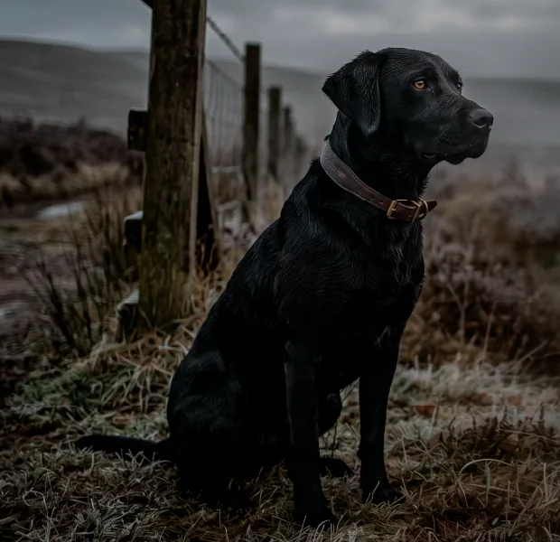 A black Labrador sitting on open moorland on a cold morning