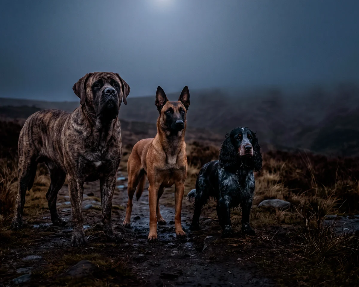 A large, a medium and a small dog standing together on open moorland
