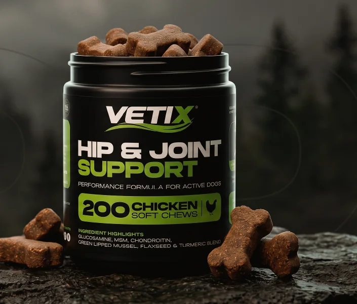 VETIX® Hip & Joint Support tub and loose chews on a wet rock